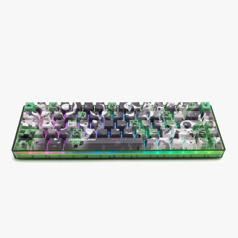 HIGROUND X MINECRAFT CREEPER BASECAMP 65 KEYBOARD - angled front with lettering and RGB